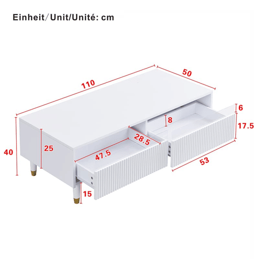 Conjunto de móveis LED - Estante de TV com 4 portas e mesa de centro com 2 gavetas - Branco com design dourado