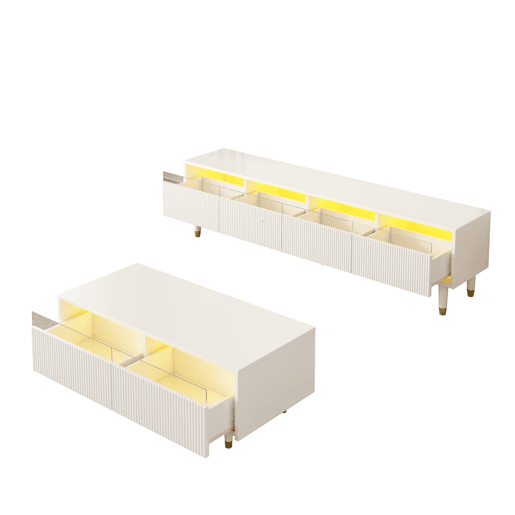 Conjunto de móveis LED - Estante de TV com 4 portas e mesa de centro com 2 gavetas - Branco com design dourado
