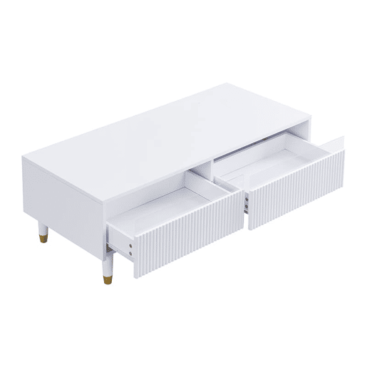 Conjunto de móveis LED - Estante de TV com 4 portas e mesa de centro com 2 gavetas - Branco com design dourado