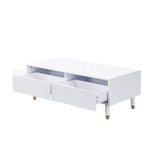 Conjunto de móveis LED - Estante de TV com 4 portas e mesa de centro com 2 gavetas - Branco com design dourado
