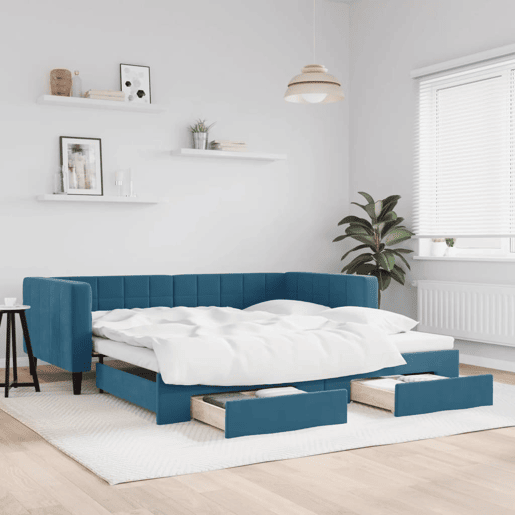 Sofá-cama, Sofá conversível com gavetão e gavetas 100x200 cm veludo azul