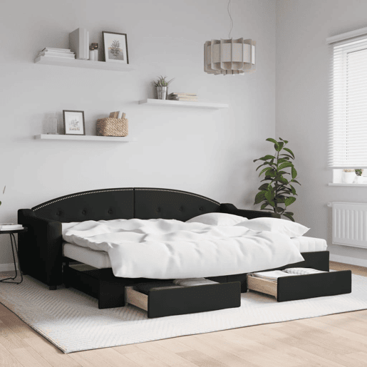 Sofá-cama, Sofá conversível com gavetão e gavetas 80x200 cm tecido preto