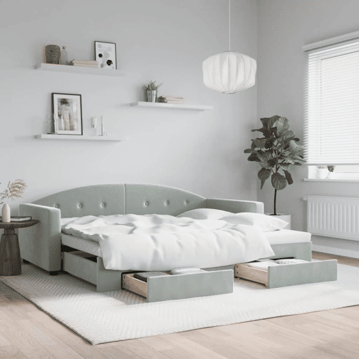 Sofá-cama, Sofá conversível c gavetão e gavetas 90x200 cm veludo cinzento-claro Sofá-cama, Sofá conversível c gavetão e gavetas 90x200 cm veludo cinzento-claro