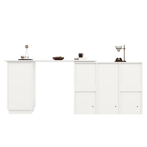 Mesa de bar giratória 210x30x100,9 cm - Design moderno, armazenamento aberto, superfície em mármore - Branco Mesa de bar giratória 210x30x100,9 cm - Design moderno, armazenamento aberto, superfície em mármore - Branco