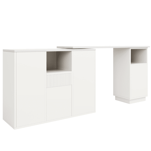 Mesa de bar giratória 210x30x100,9 cm - Design moderno, armazenamento aberto, superfície em mármore - Branco Mesa de bar giratória 210x30x100,9 cm - Design moderno, armazenamento aberto, superfície em mármore - Branco