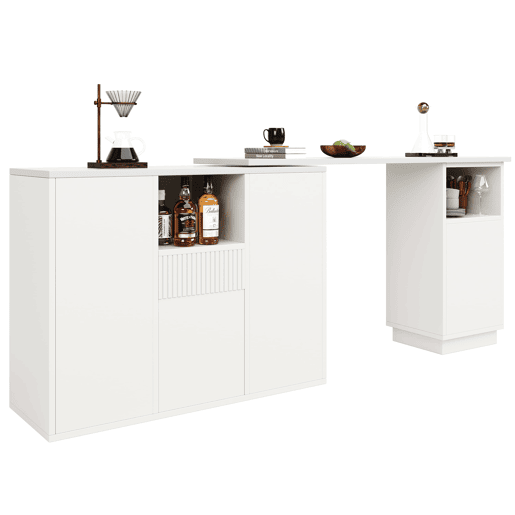 Mesa de bar giratória 210x30x100,9 cm - Design moderno, armazenamento aberto, superfície em mármore - Branco Mesa de bar giratória 210x30x100,9 cm - Design moderno, armazenamento aberto, superfície em mármore - Branco