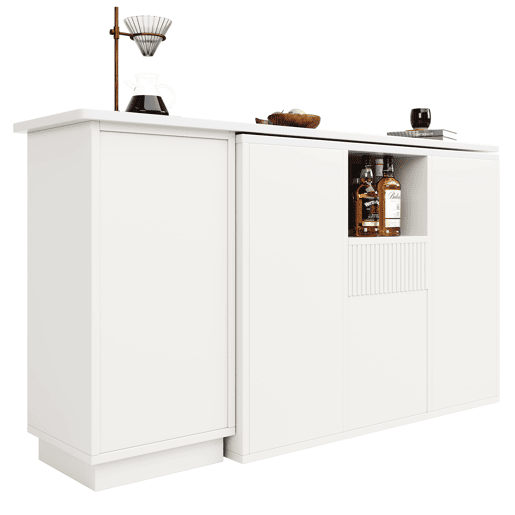 Mesa de bar giratória 210x30x100,9 cm - Design moderno, armazenamento aberto, superfície em mármore - Branco Mesa de bar giratória 210x30x100,9 cm - Design moderno, armazenamento aberto, superfície em mármore - Branco