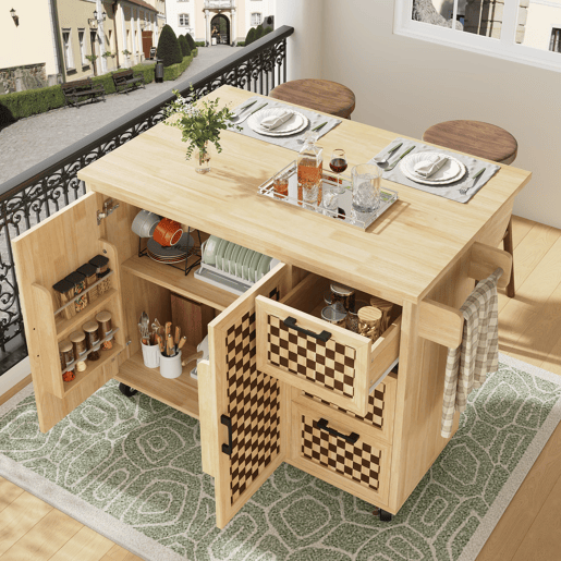 Ilha de cozinha 120x45(75)x92 cm - Carrinho de cozinha com rodas, prateleira para toalhas, portas e gavetas, padrão xadrez, acabamento em madeira natural