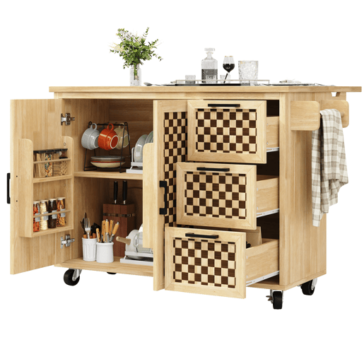 Ilha de cozinha 120x45(75)x92 cm - Carrinho de cozinha com rodas, prateleira para toalhas, portas e gavetas, padrão xadrez, acabamento em madeira natural