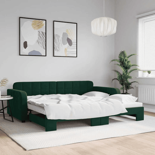 Sofá-cama, Sofá conversível com gavetão 90x200 cm veludo verde-escuro
