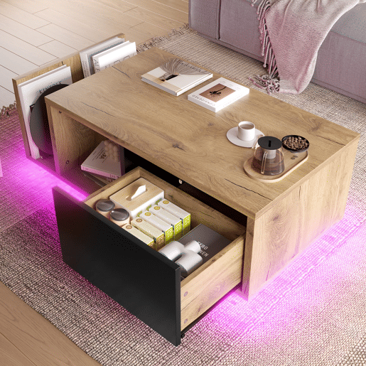 Mesa de centro com LED - Design moderno, arrumação oculta - Natural Mesa de centro com LED - Design moderno, arrumação oculta - Natural