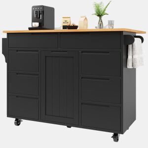 Ilha de cozinha moderna 122x74,5x91,5 cm - Carrinho de cozinha com rodas, 8 gavetas, prateleira para especiarias - Preto