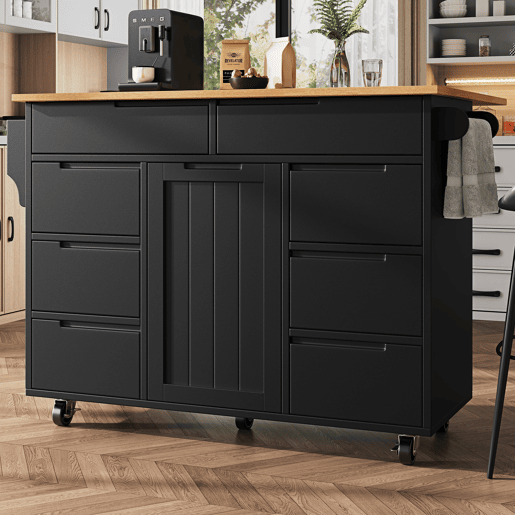 Ilha de cozinha moderna 122x74,5x91,5 cm - Carrinho de cozinha com rodas, 8 gavetas, prateleira para especiarias - Preto
