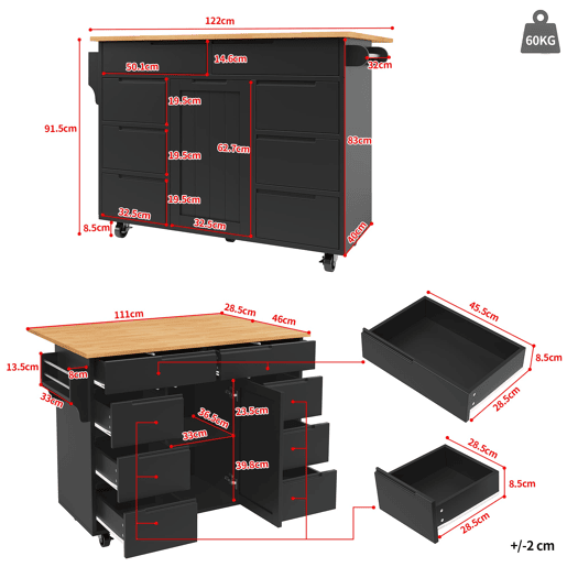 Ilha de cozinha moderna 122x74,5x91,5 cm - Carrinho de cozinha com rodas, 8 gavetas, prateleira para especiarias - Preto
