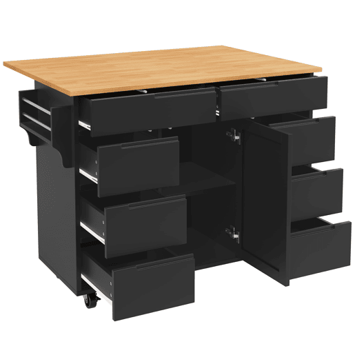 Ilha de cozinha moderna 122x74,5x91,5 cm - Carrinho de cozinha com rodas, 8 gavetas, prateleira para especiarias - Preto