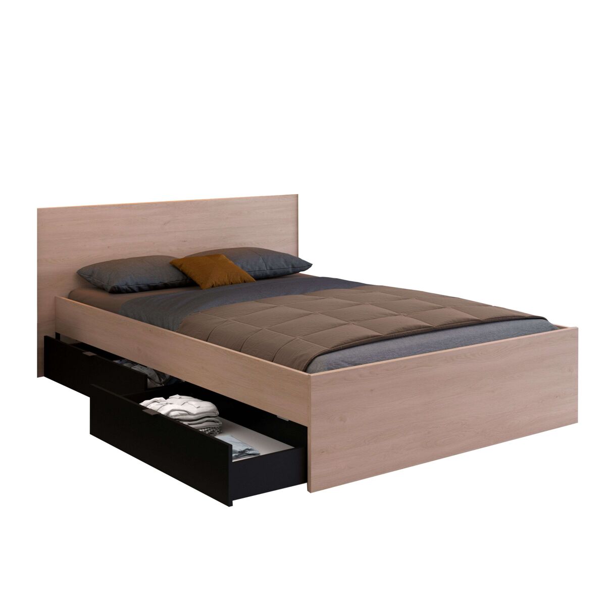Conjunto de cama con vestidor, cama 135-140x190 cm con 4 cajones y vestidor roble brooklyn y negro stipple