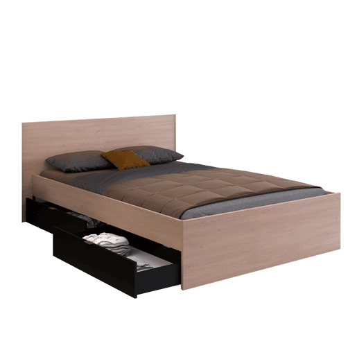 Conjunto de cama com closet, cama de 135-140x190 cm com 4 gavetas e closet, acabamento em carvalho Brooklyn e detalhes em preto texturizado.