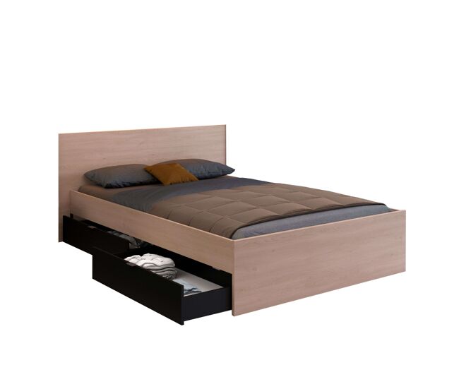 Conjunto de cama con vestidor, cama 135-140x190 cm con 4 cajones y vestidor roble brooklyn y negro stipple