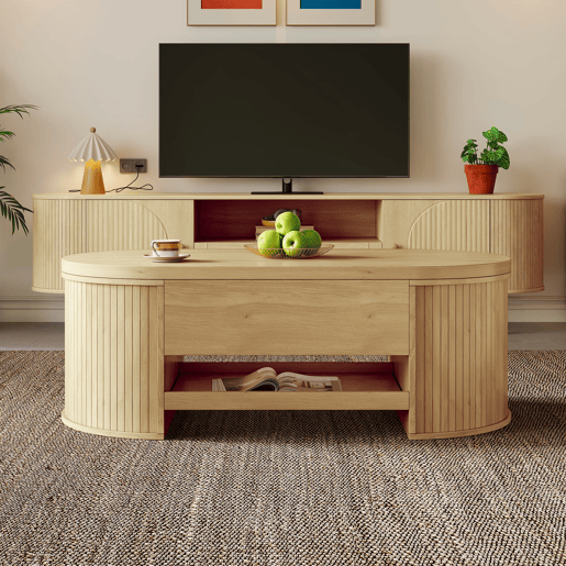 Mesa de centro elevável - com laterais de madeira curvadas, prateleira extensível, design multifuncional - cor madeira