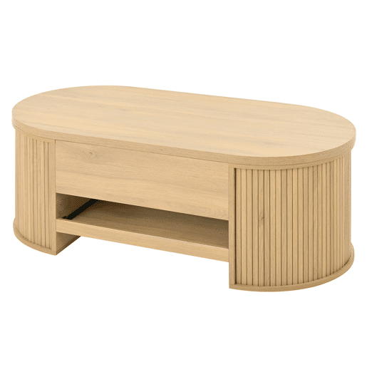 Mesa de centro elevável - com laterais de madeira curvadas, prateleira extensível, design multifuncional - cor madeira