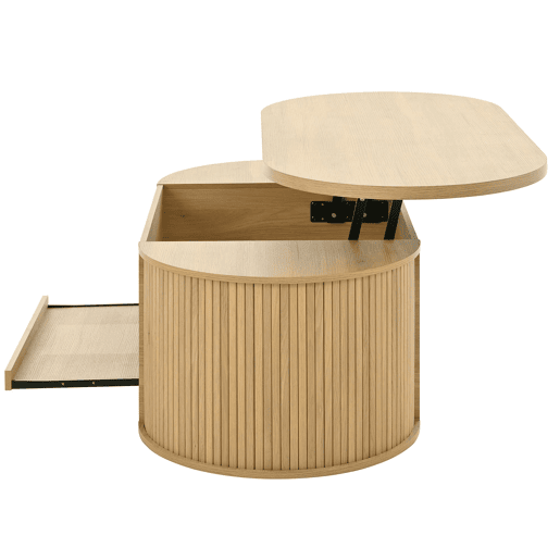 Mesa de centro elevável - com laterais de madeira curvadas, prateleira extensível, design multifuncional - cor madeira