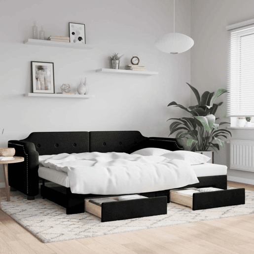Sofá-cama, Sofá conversível com gavetão e gavetas 80x200 cm tecido preto Sofá-cama, Sofá conversível com gavetão e gavetas 80x200 cm tecido preto