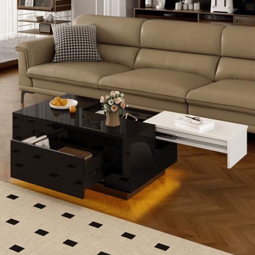 Mesa de centro com LED - Mesa extensível, arrumação oculta, luz ajustável com 16 cores - Preto, Branco
