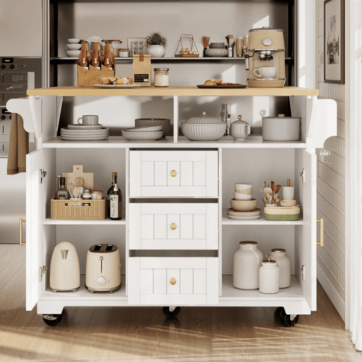 Ilha de cozinha 120x40x95 cm - Carrinho com rodas, extensível, com suporte para toalhas e prateleira para especiarias - Branco