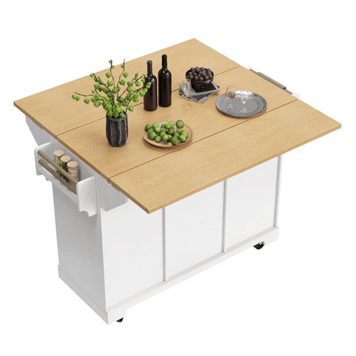 Ilha de cozinha 120x40x95 cm - Carrinho com rodas, extensível, com suporte para toalhas e prateleira para especiarias - Branco