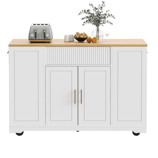 Ilha de cozinha com rodas 120x50x92 cm - Com compartimento para lixo, 2 portas e 3 gavetas - Branco