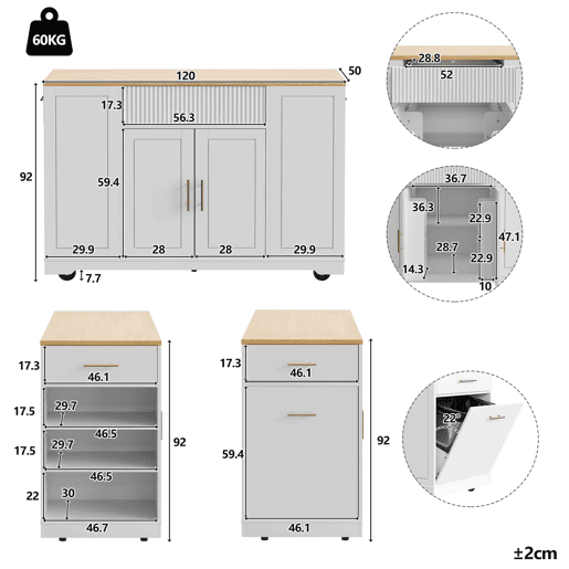 Ilha de cozinha com rodas 120x50x92 cm - Com compartimento para lixo, 2 portas e 3 gavetas - Branco