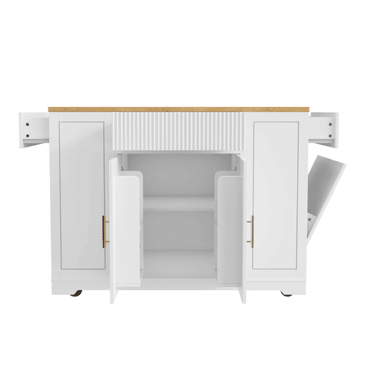 Ilha de cozinha com rodas 120x50x92 cm - Com compartimento para lixo, 2 portas e 3 gavetas - Branco