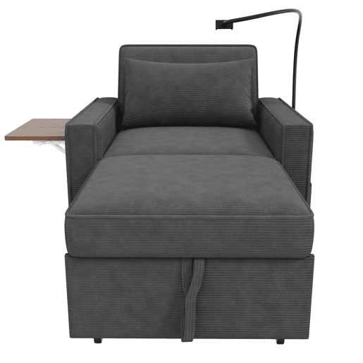 Sofá-cama multifuncional de 1 lugar - com porta USB, suporte para telemóvel, compacto, cinzento