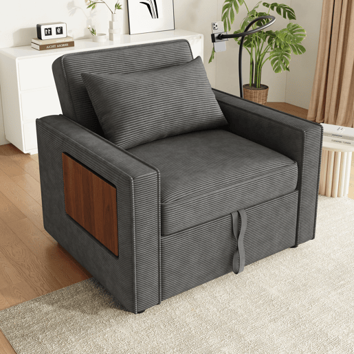 Sofá-cama multifuncional de 1 lugar - com porta USB, suporte para telemóvel, compacto, cinzento