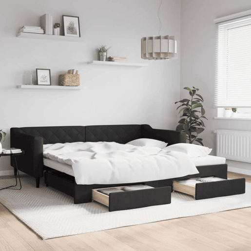 Sofá-cama, Sofá conversível com gavetão e gavetas 100x200 cm tecido preto