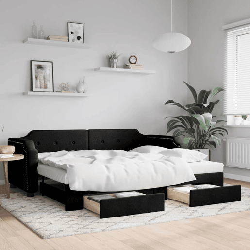 Sofá-cama, Sofá conversível com gavetão e gavetas 90x200 cm tecido preto Sofá-cama, Sofá conversível com gavetão e gavetas 90x200 cm tecido preto