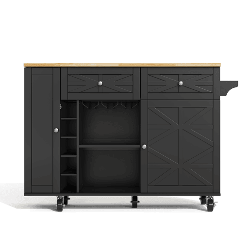 Ilha de cozinha 120x45(70)x89 cm - com rodas bloqueáveis, prateleira na porta, suporte para copos e garrafas de vinho - preta