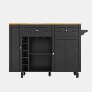Ilha de cozinha 120x45(70)x89 cm - com rodas bloqueáveis, prateleira na porta, suporte para copos e garrafas de vinho - preta