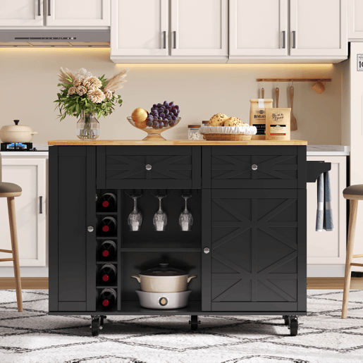 Ilha de cozinha 120x45(70)x89 cm - com rodas bloqueáveis, prateleira na porta, suporte para copos e garrafas de vinho - preta