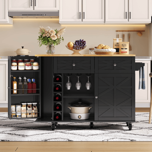 Ilha de cozinha 120x45(70)x89 cm - com rodas bloqueáveis, prateleira na porta, suporte para copos e garrafas de vinho - preta