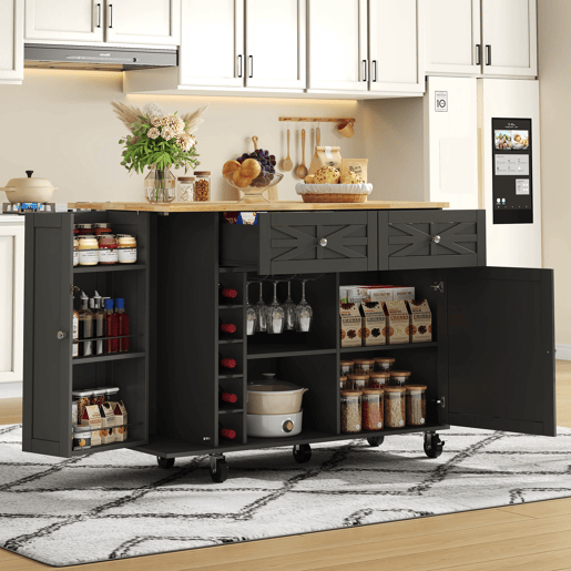 Ilha de cozinha 120x45(70)x89 cm - com rodas bloqueáveis, prateleira na porta, suporte para copos e garrafas de vinho - preta
