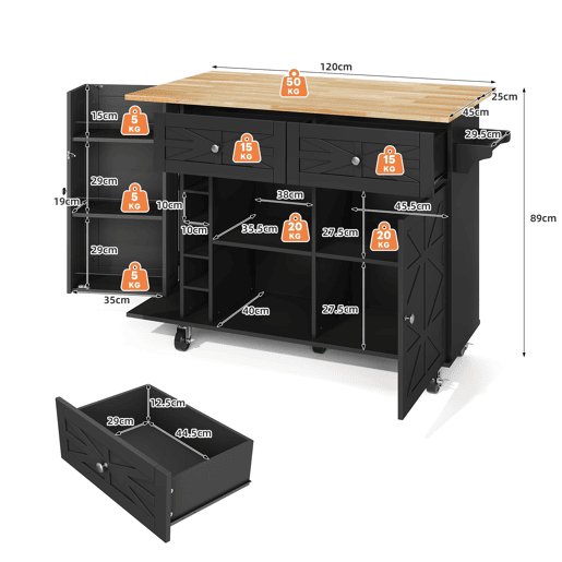 Ilha de cozinha 120x45(70)x89 cm - com rodas bloqueáveis, prateleira na porta, suporte para copos e garrafas de vinho - preta
