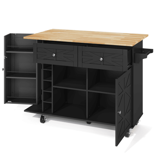 Ilha de cozinha 120x45(70)x89 cm - com rodas bloqueáveis, prateleira na porta, suporte para copos e garrafas de vinho - preta