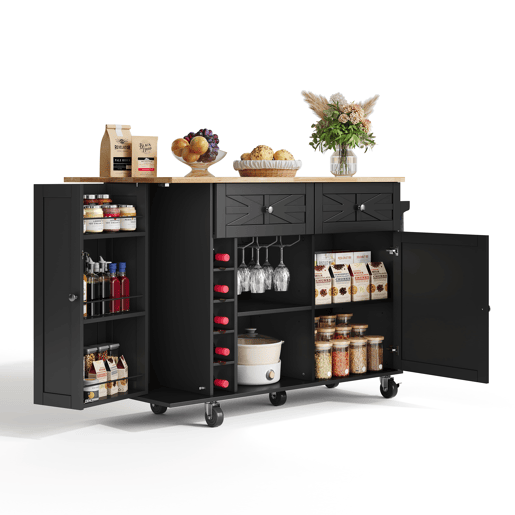 Ilha de cozinha 120x45(70)x89 cm - com rodas bloqueáveis, prateleira na porta, suporte para copos e garrafas de vinho - preta