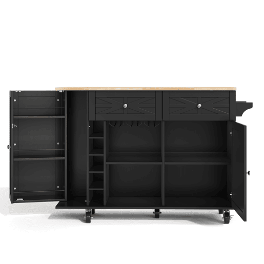 Ilha de cozinha 120x45(70)x89 cm - com rodas bloqueáveis, prateleira na porta, suporte para copos e garrafas de vinho - preta