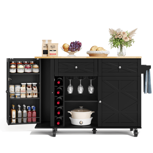 Ilha de cozinha 120x45(70)x89 cm - com rodas bloqueáveis, prateleira na porta, suporte para copos e garrafas de vinho - preta