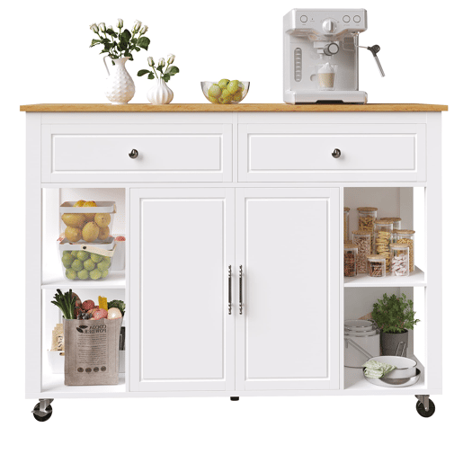 Ilha de cozinha com rodas 120x50 cm - Carrinho multifuncional com arrumação e 2 gavetas - Branco