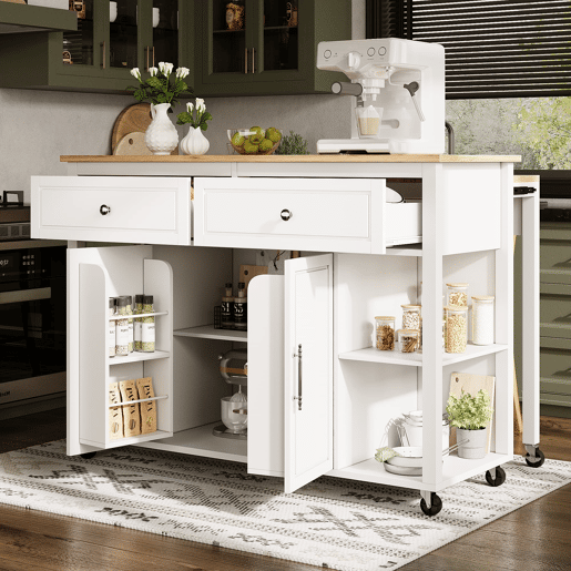 Ilha de cozinha com rodas 120x50 cm - Carrinho multifuncional com arrumação e 2 gavetas - Branco