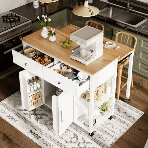 Ilha de cozinha com rodas 120x50 cm - Carrinho multifuncional com arrumação e 2 gavetas - Branco
