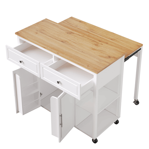 Ilha de cozinha com rodas 120x50 cm - Carrinho multifuncional com arrumação e 2 gavetas - Branco